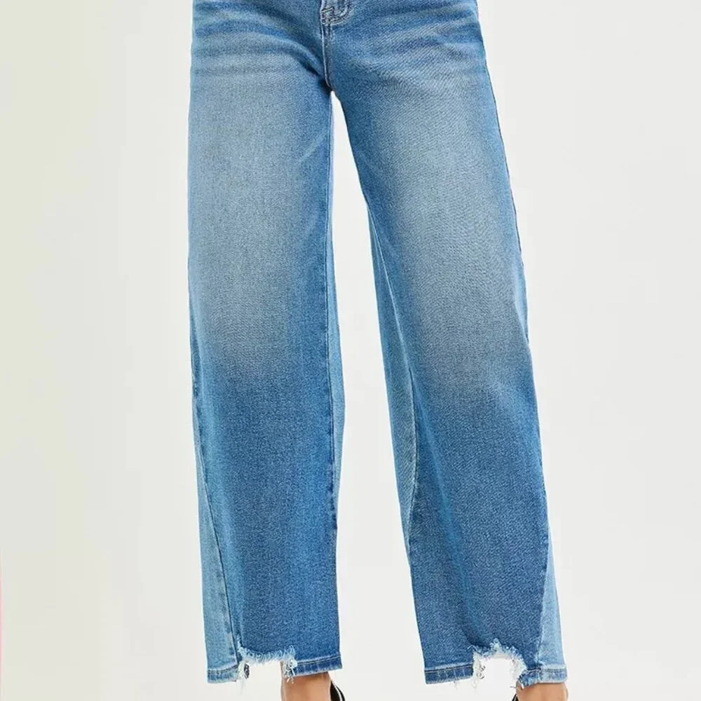 RISEN Full Size Slouchy Cropped Barrel Jeans with‎ Contrast Wash Plus Size